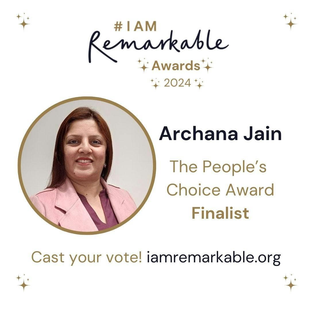 A white square with gold stars in the corner. On the left is a circular image of Archana, smiling. To the right of that is a title saying 'The People's Choice Award Finalist Archana Jain' in gold and navy text