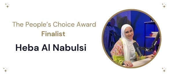 A white banner with a circular image of a smiling woman on the right hand side. To the left in gold writing it reads’ The People’s Choice Award Finalist’ under which it reads ‘Heba Al Nabulsi’’ in navy text