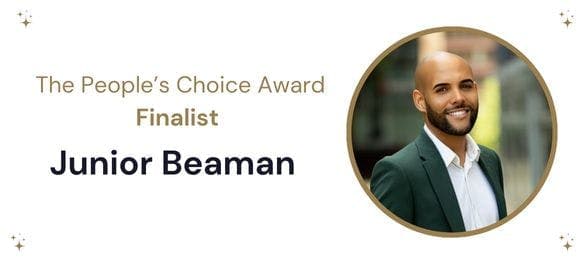 A white banner with a circular image of a smiling man on the right hand side. To the left in gold writing it reads’ The People’s Choice Award Finalist’ under which it reads ‘Junior Beaman’’ in navy text